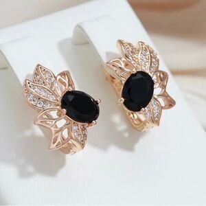 Rose Gold Plated Black Stone Crystal Flower Earrings